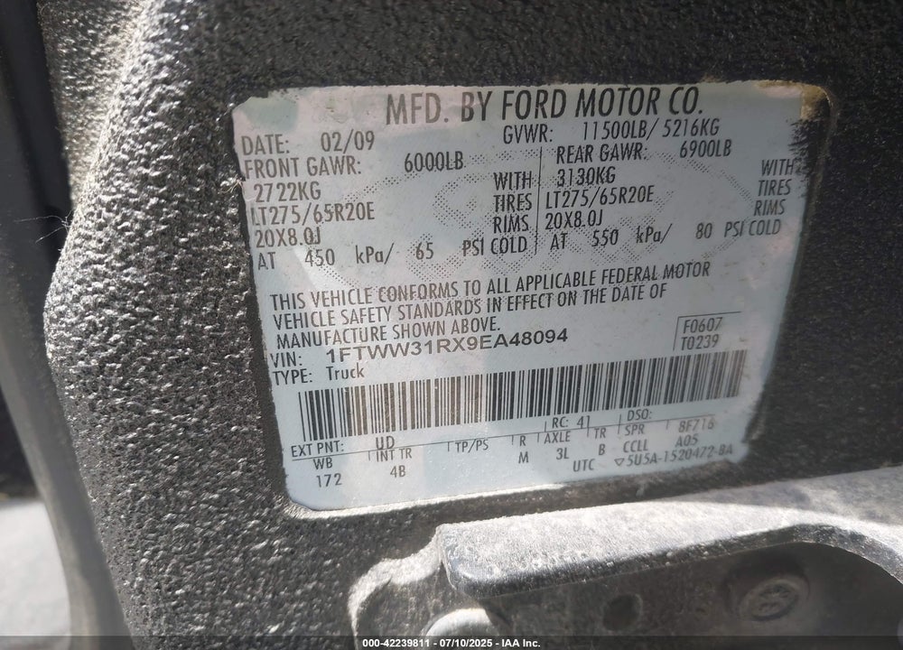 2009 FORD F-350 FX4/HARLEY-DAVIDSON/KING RANCH/LARIAT/XL/XLT VIN: 1FTWW31RX9EA48094