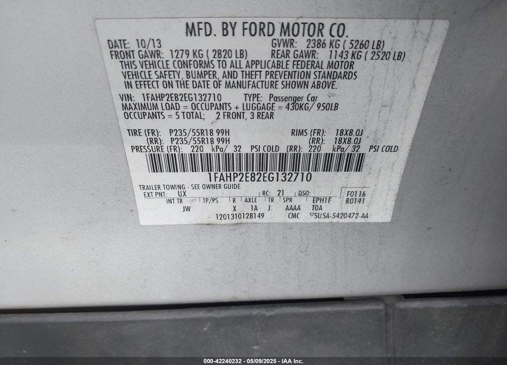 2014 FORD TAURUS VIN: 1FAHP2E82EG132710