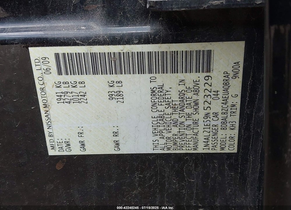 2009 NISSAN ALTIMA VIN: 1N4AL21E59N523229
