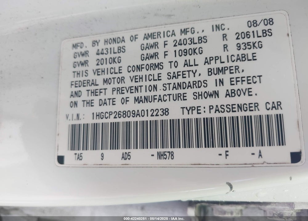 2009 HONDA ACCORD 2.4 EX-L VIN: 1HGCP26809A012238