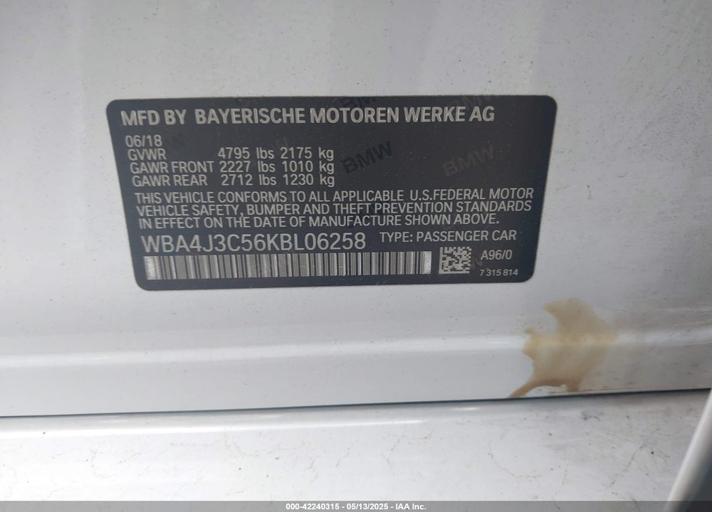 2019 BMW 430I GRAN COUPE VIN: WBA4J3C56KBL06258