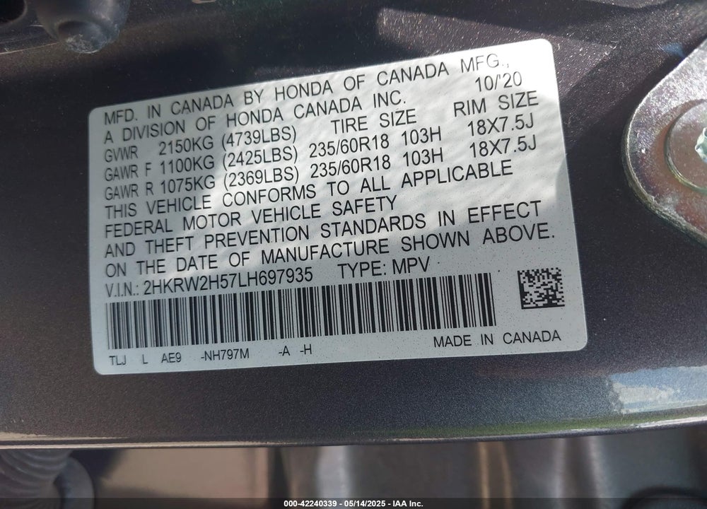 2020 HONDA CR-V AWD EX VIN: 2HKRW2H57LH697935