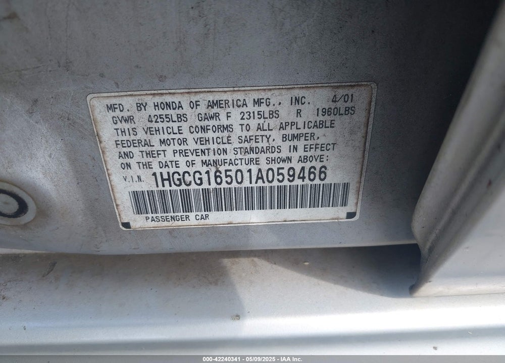 2001 HONDA ACCORD 3.0 EX VIN: 1HGCG16501A059466