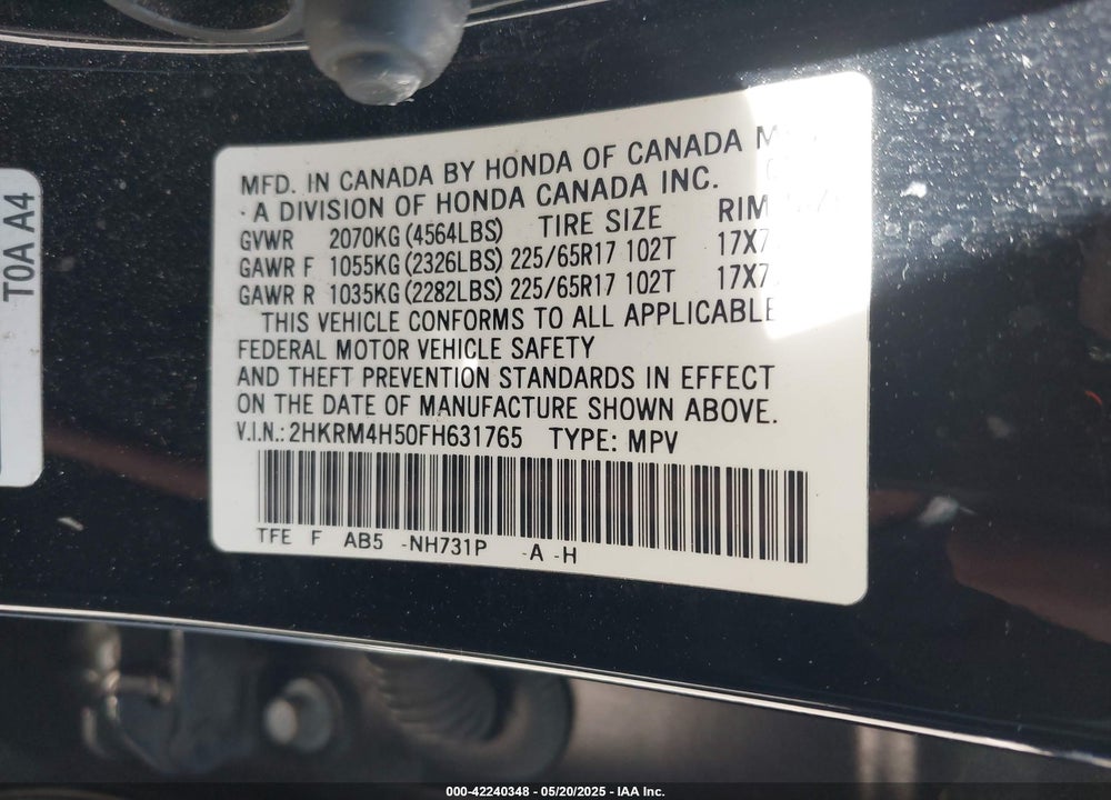 2015 HONDA CR-V VIN: 2HKRM4H50FH631765