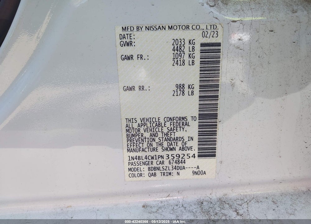 2023 NISSAN ALTIMA VIN: 1N4BL4CW1PN359254