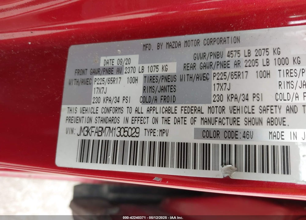 2021 MAZDA CX-5 VIN: JM3KFABM7M1305029