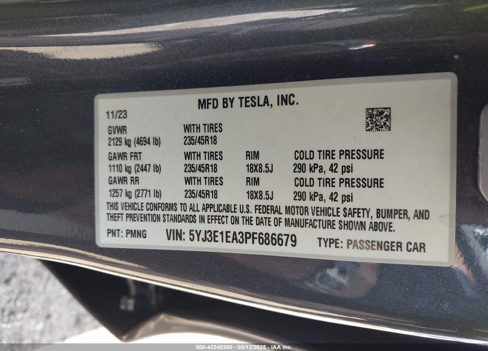 2023 TESLA MODEL 3 VIN: 5YJ3E1EA3PF686679