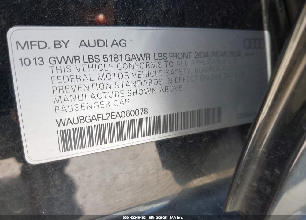 2014 AUDI S4 VIN: WAUBGAFL2EA060078