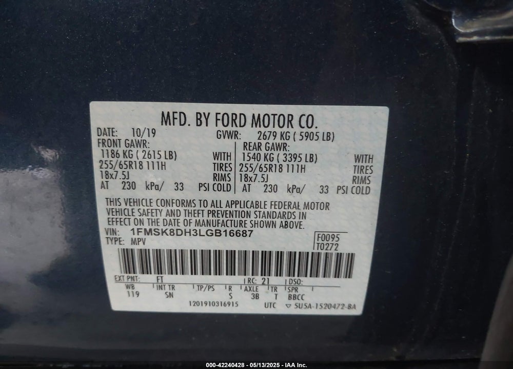 2020 FORD EXPLORER VIN: 1FMSK8DH3LGB16687