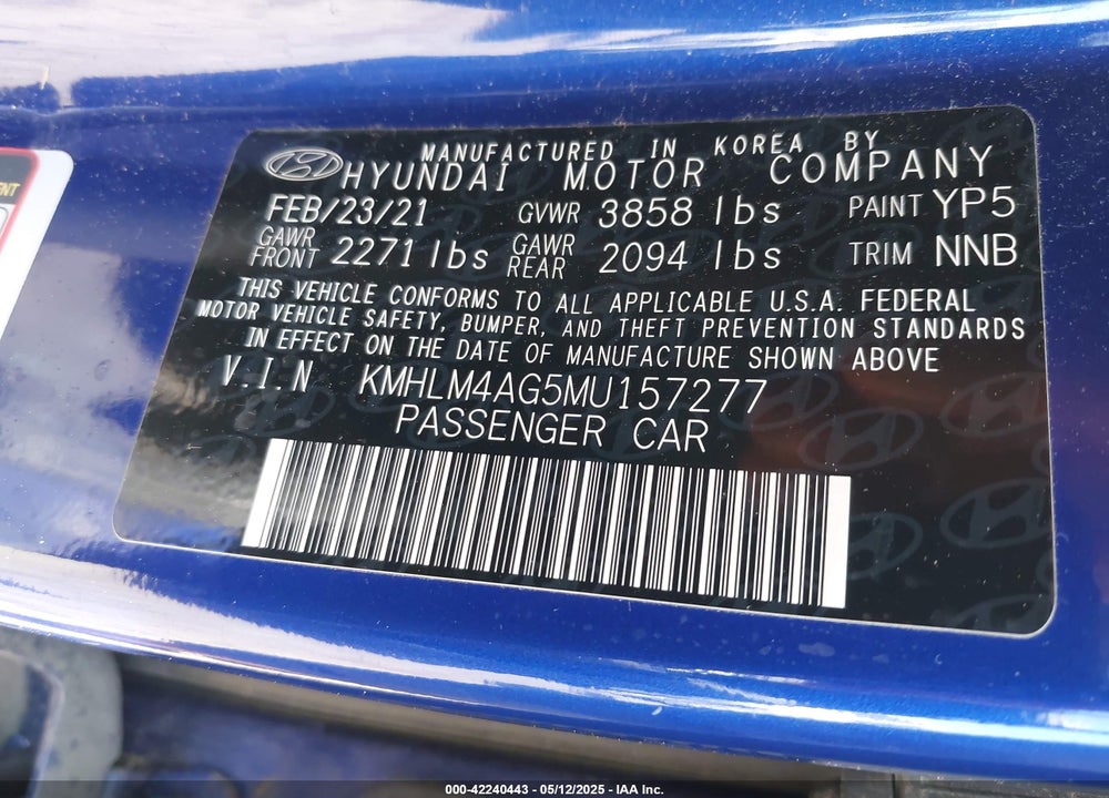 2021 HYUNDAI ELANTRA VIN: KMHLM4AG5MU157277