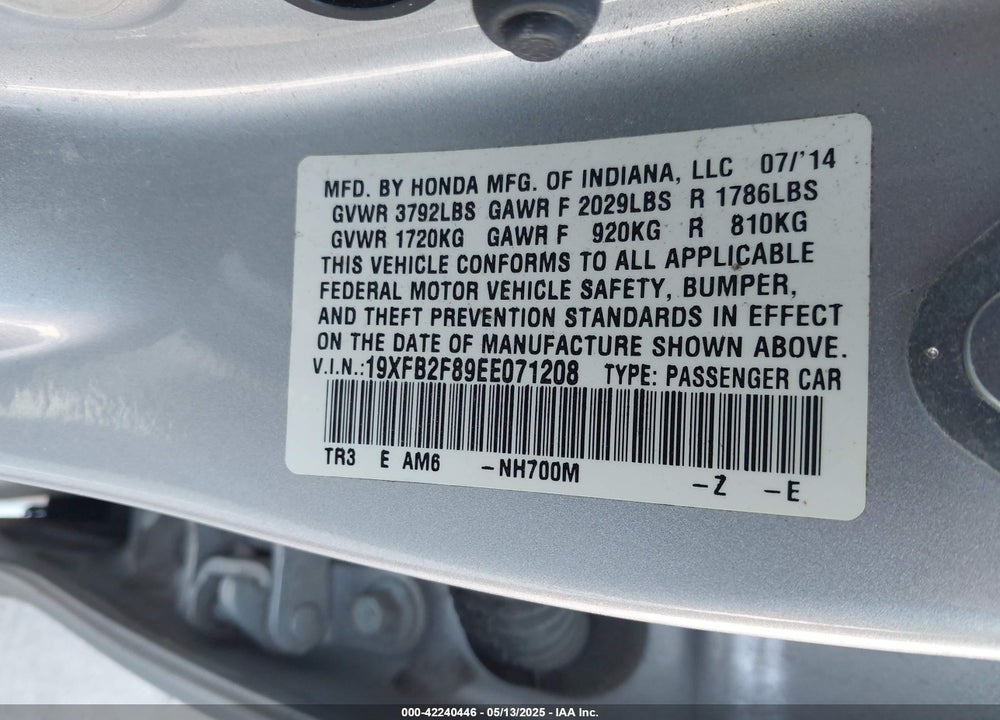 2014 HONDA CIVIC VIN: 19XFB2F89EE071208