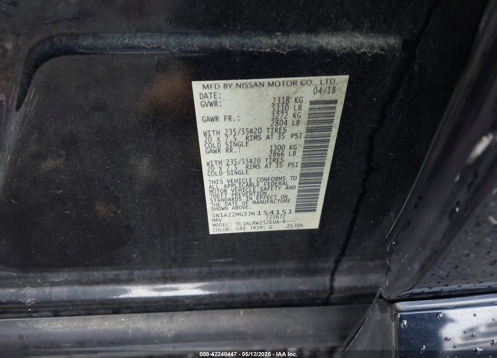 2018 NISSAN MURANO VIN: 5N1AZ2MG3JN154151