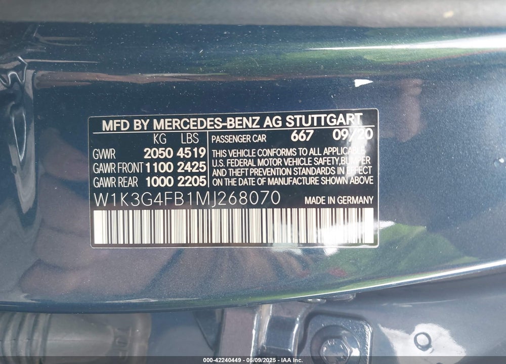 2021 MERCEDES-BENZ A 220 VIN: W1K3G4FB1MJ268070