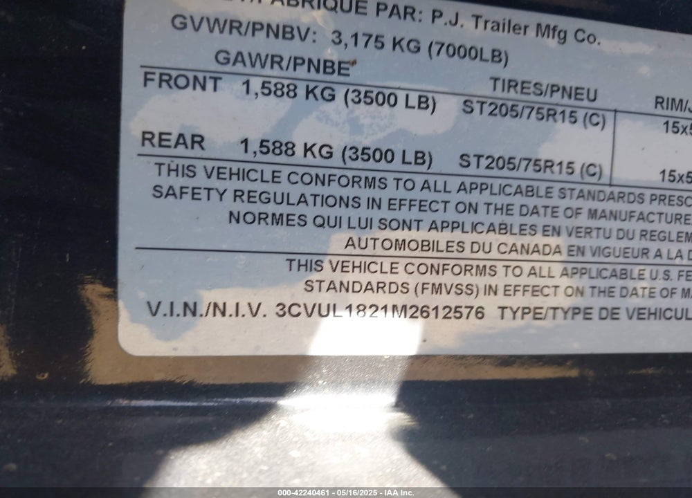 2021 PJ TRAILERS OTHER VIN: 3CVUL1821M2612576