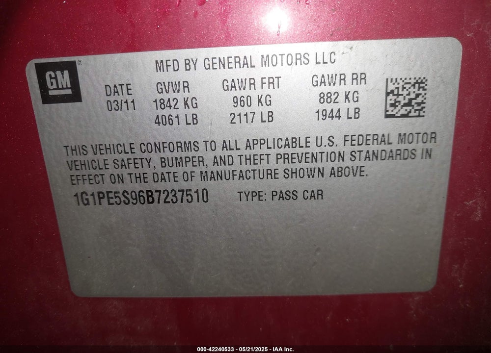 2011 CHEVROLET CRUZE LT VIN: 1G1PE5S96B7237510