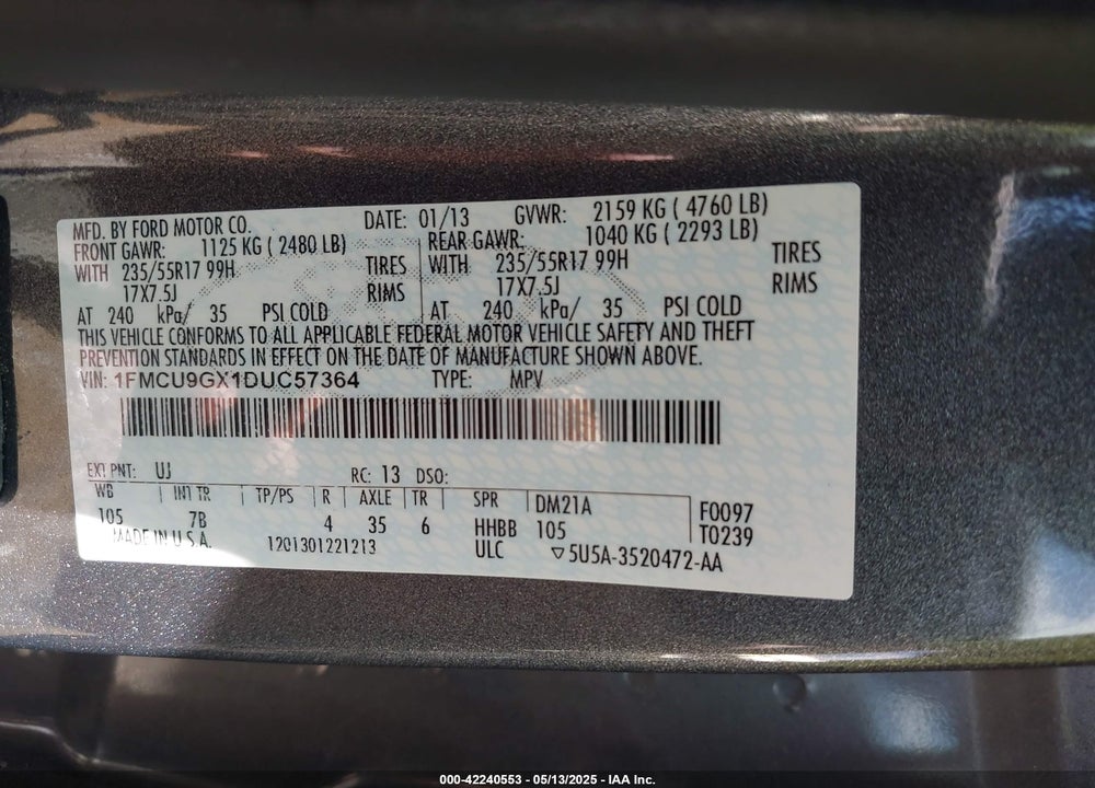 2013 FORD ESCAPE VIN: 1FMCU9GX1DUC57364