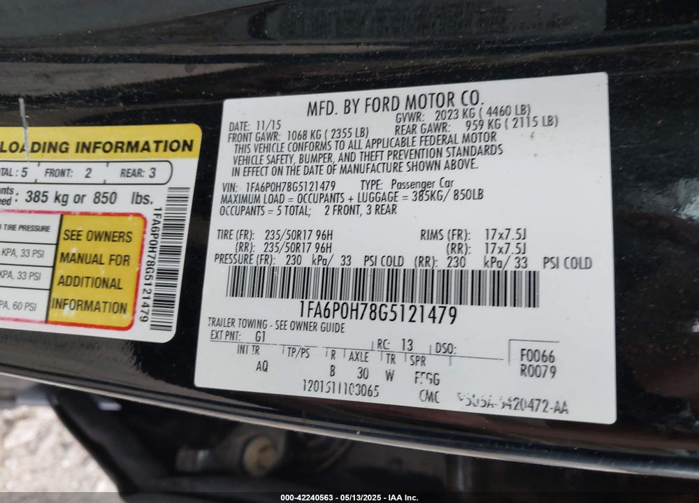 2016 FORD FUSION VIN: 1FA6P0H78G5121479