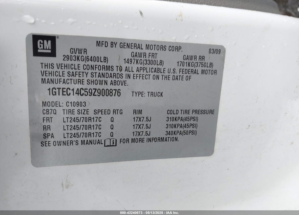 2009 GMC SIERRA VIN: 1GTEC14C59Z900876