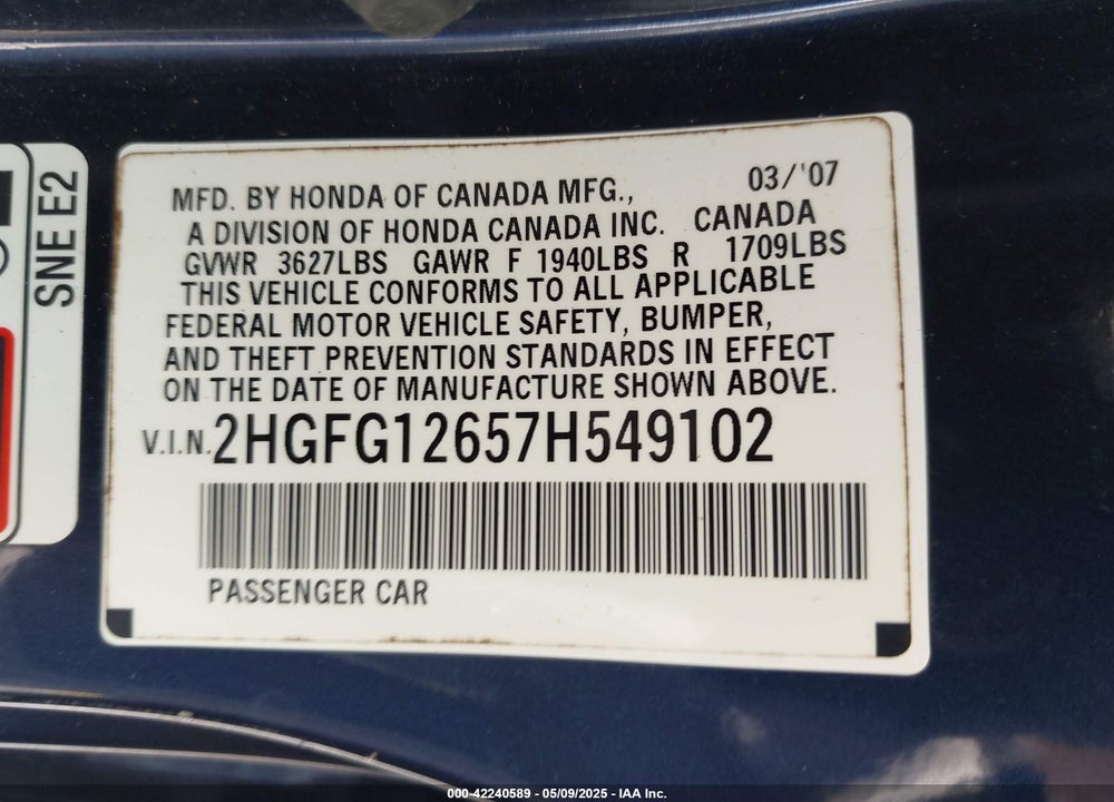 2007 HONDA CIVIC LX VIN: 2HGFG12657H549102
