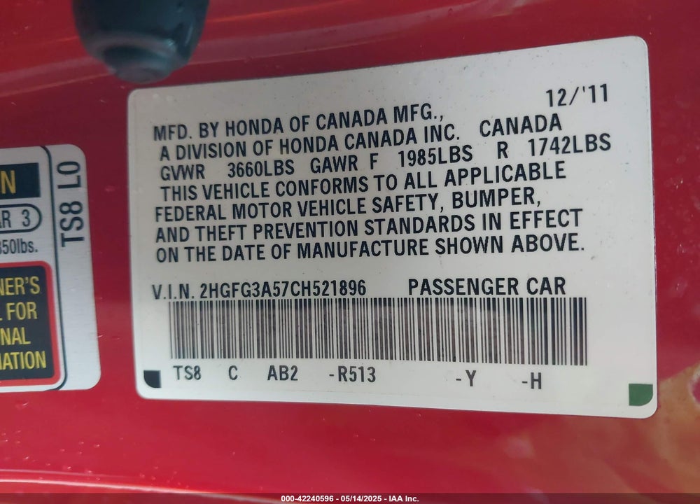 2012 HONDA CIVIC VIN: 2HGFG3A57CH521896