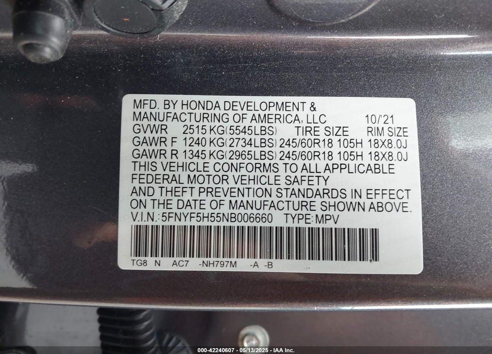 2022 HONDA PILOT VIN: 5FNYF5H55NB006660
