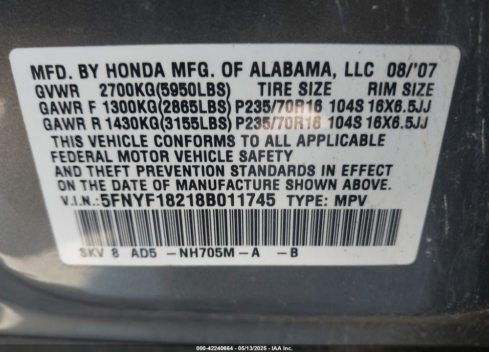 2008 HONDA PILOT VP VIN: 5FNYF18218B011745