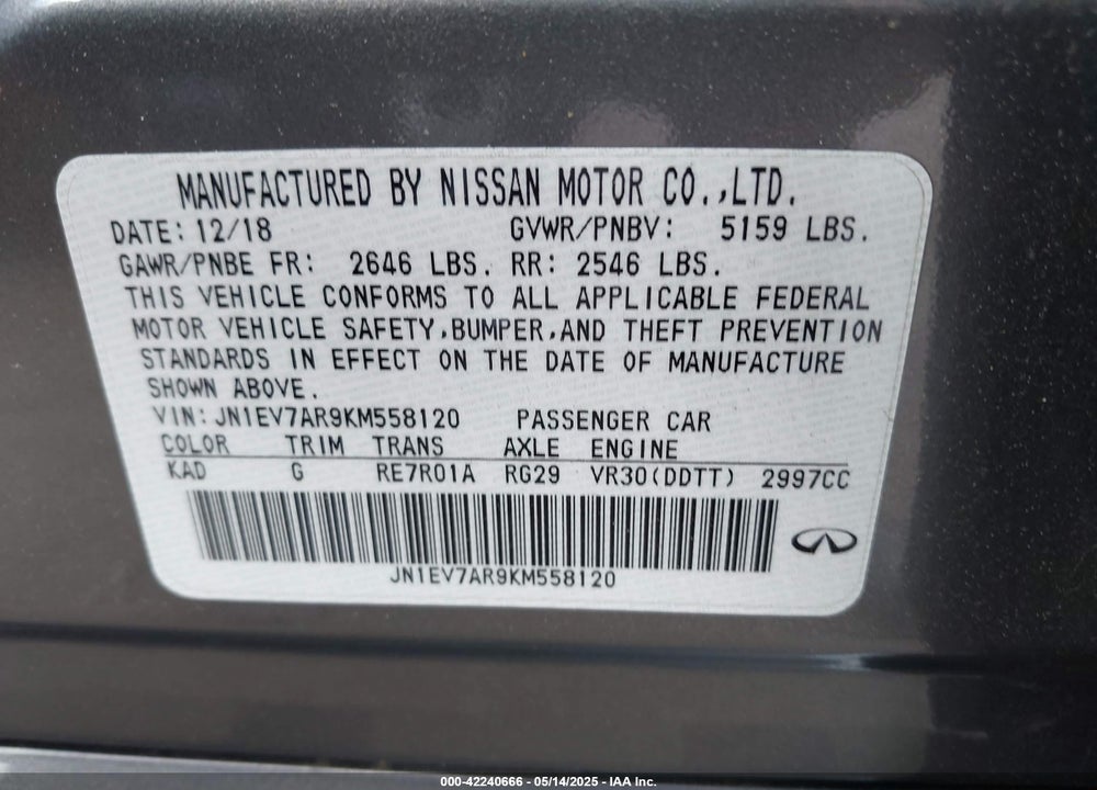 2019 INFINITI Q50 VIN: JN1EV7AR9KM558120