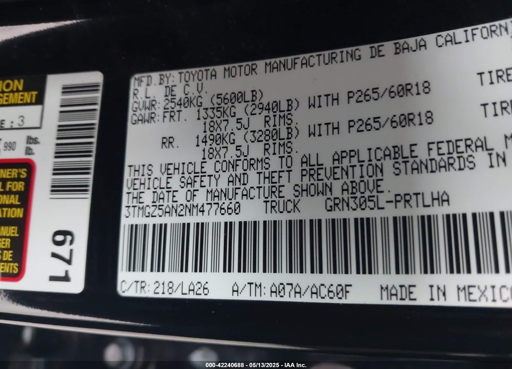2022 TOYOTA TACOMA VIN: 3TMGZ5AN2NM477660