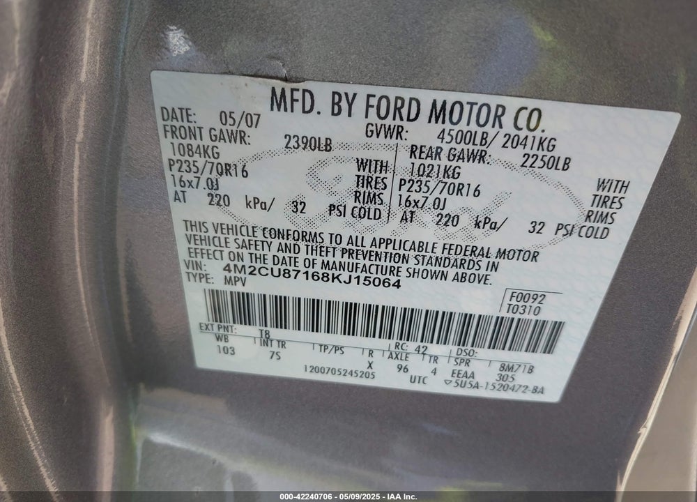 2008 MERCURY MARINER PREMIER VIN: 4M2CU87168KJ15064