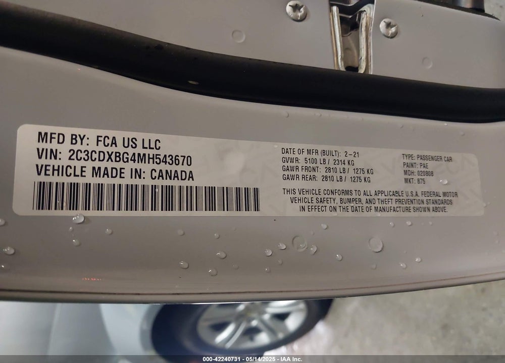 2021 DODGE CHARGER VIN: 2C3CDXBG4MH543670