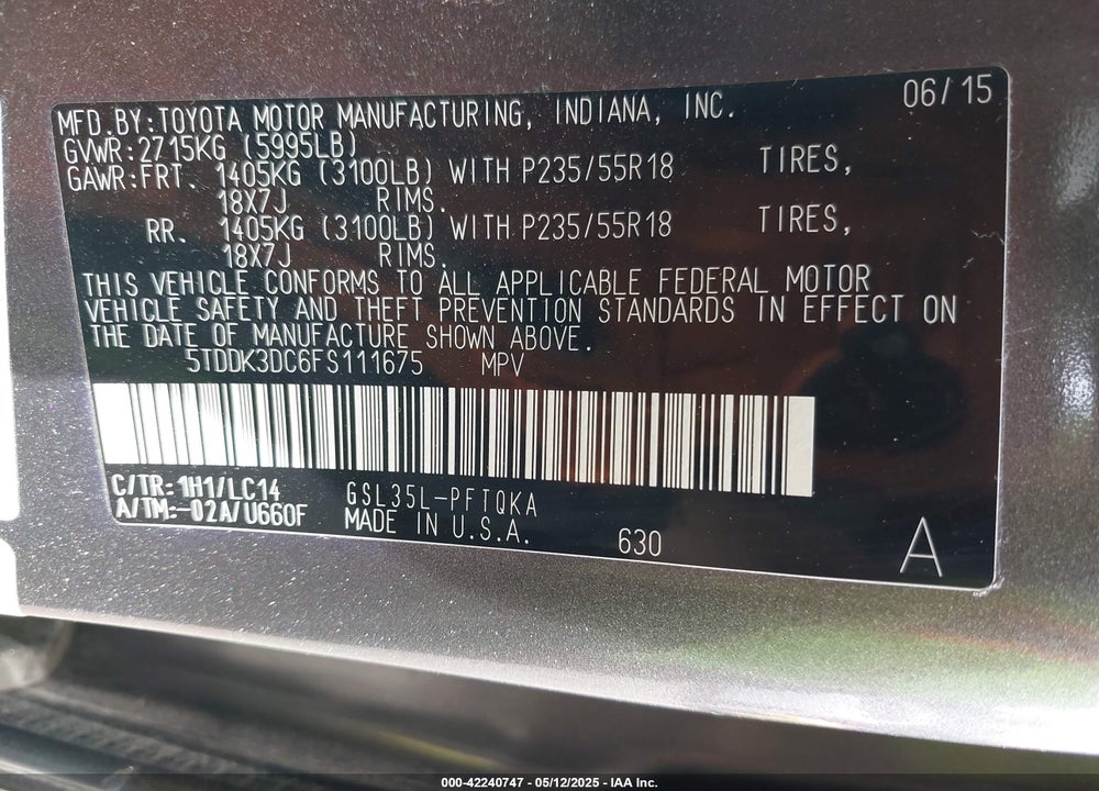 2015 TOYOTA SIENNA XLE PREMIUM 7 PASSENGER VIN: 5TDDK3DC6FS111675