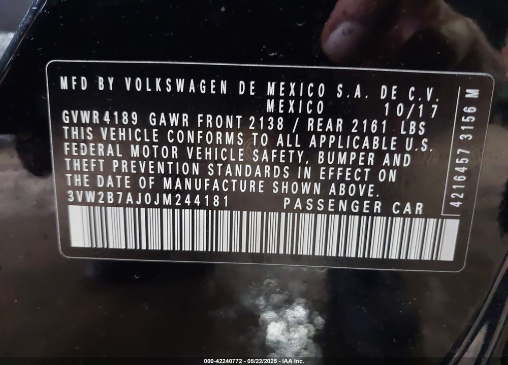 2018 VOLKSWAGEN JETTA VIN: 3VW2B7AJ0JM244181