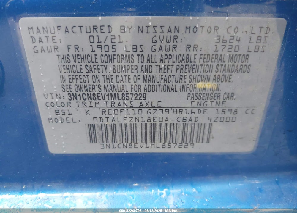2021 NISSAN VERSA VIN: 3N1CN8EV1ML857229