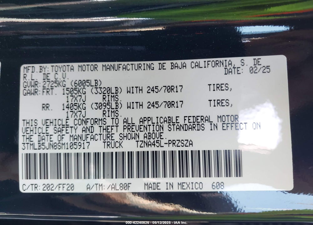 2025 TOYOTA TACOMA VIN: 3TMLB5JN8SM105917