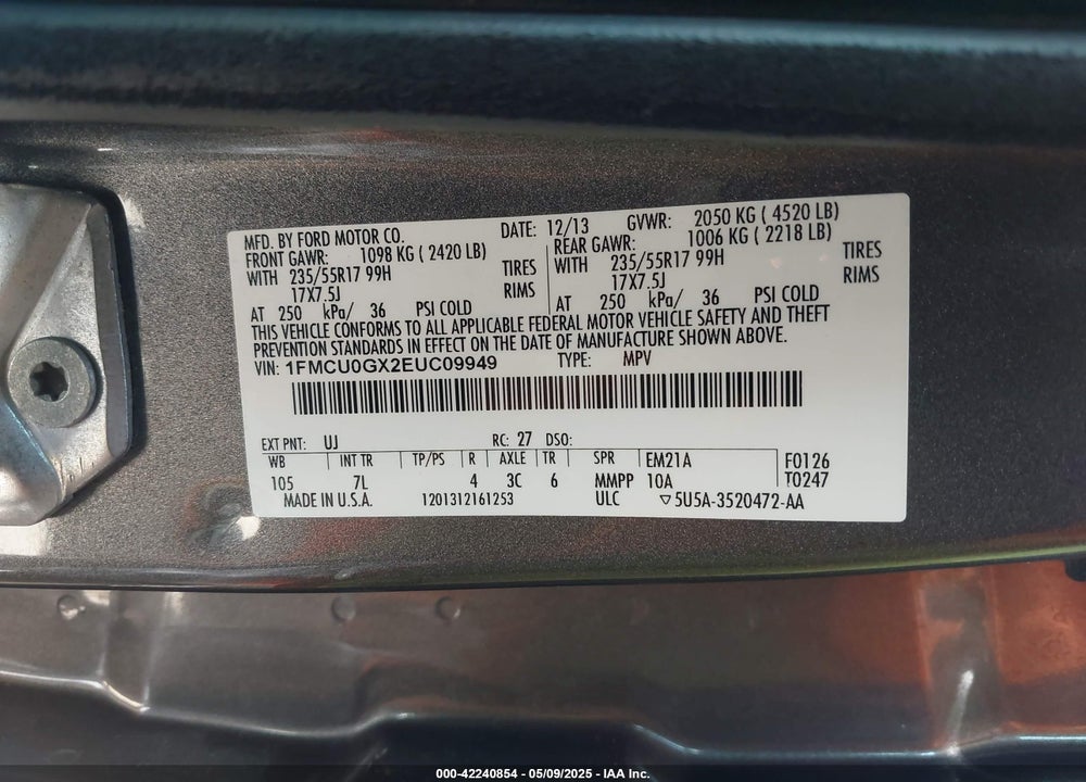 2014 FORD ESCAPE SE VIN: 1FMCU0GX2EUC09949