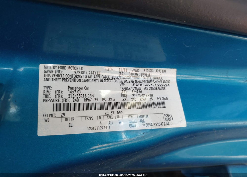 2014 FORD FOCUS VIN: 1FADP3K21EL229294