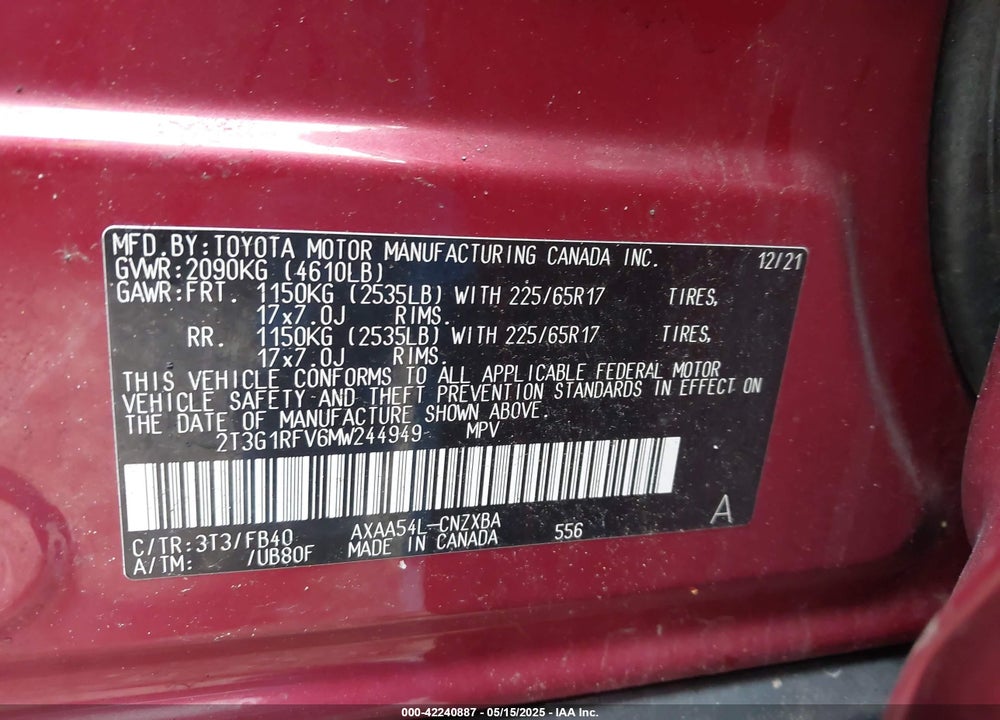 2021 TOYOTA RAV4 LE VIN: 2T3G1RFV6MW244949