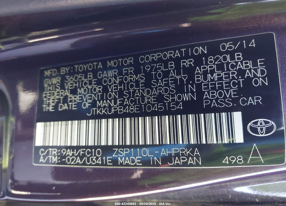 2014 SCION XD VIN: JTKKUPB48E1045154