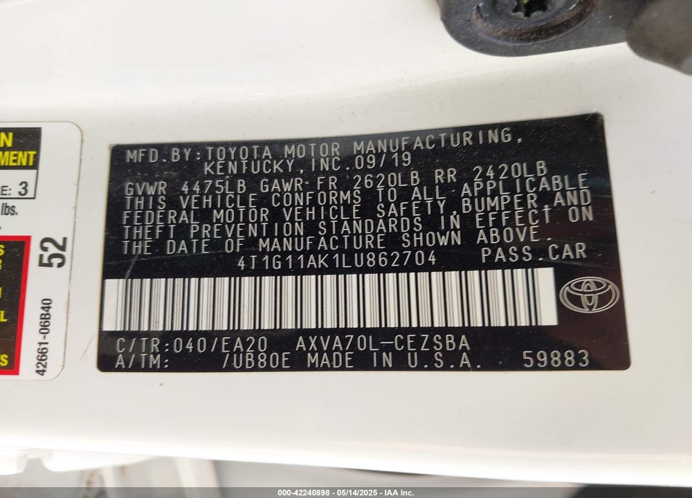 2020 TOYOTA CAMRY SE VIN: 4T1G11AK1LU862704
