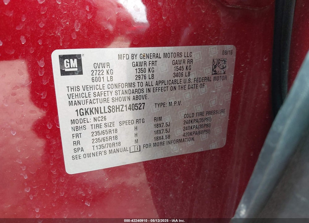 2017 GMC ACADIA VIN: 1GKKNLLS8HZ140527