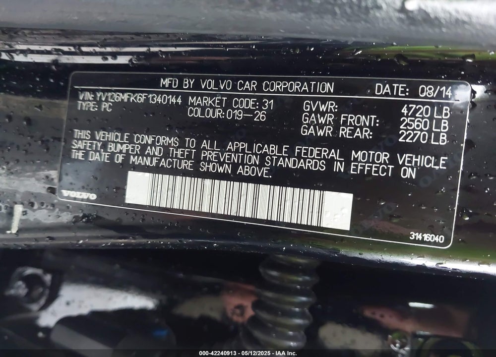 2015 VOLVO S60 VIN: YV126MFK6F1340144