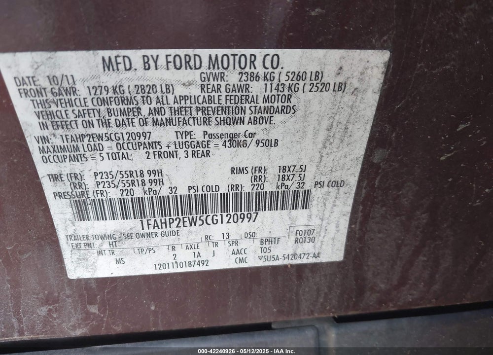 2012 FORD TAURUS VIN: 1FAHP2EW5CG120997