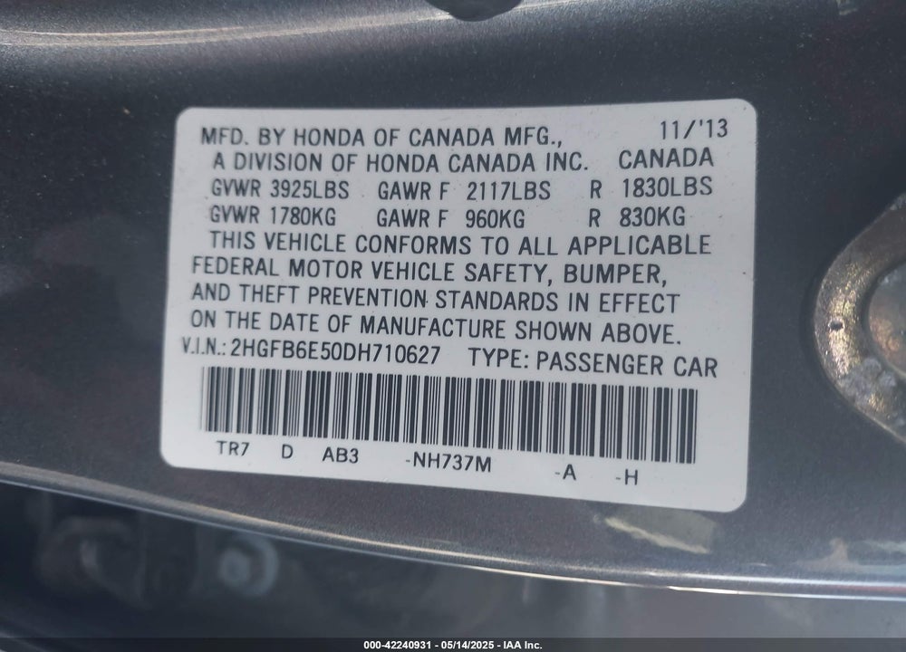 2013 HONDA CIVIC VIN: 2HGFB6E50DH710627