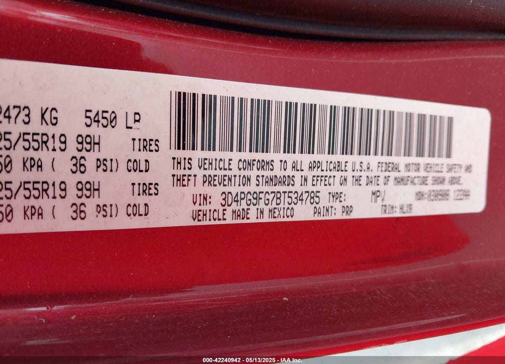 2011 DODGE JOURNEY VIN: 3D4PG9FG7BT534785