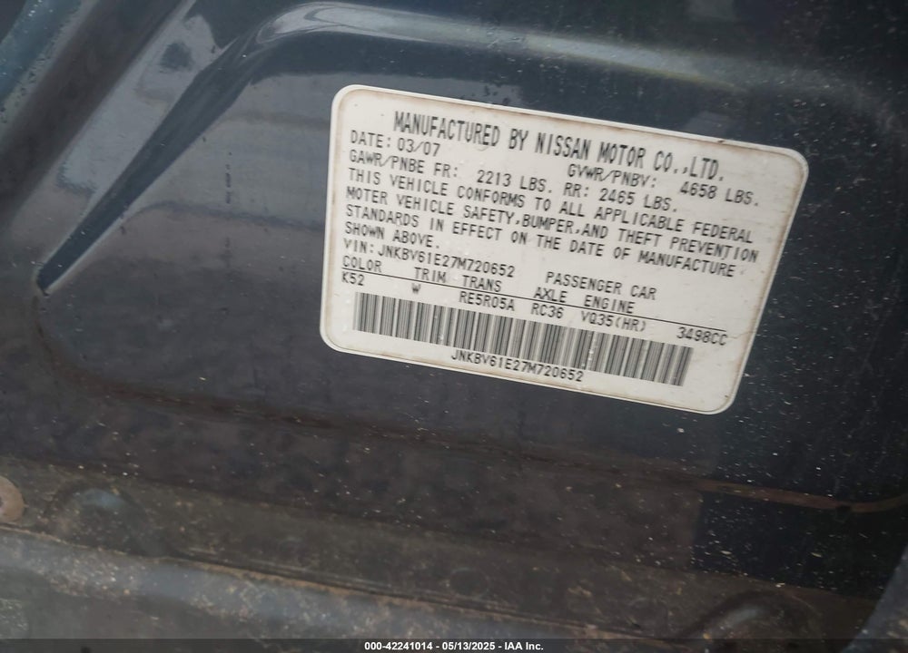 2007 INFINITI G35 VIN: JNKBV61E27M720652