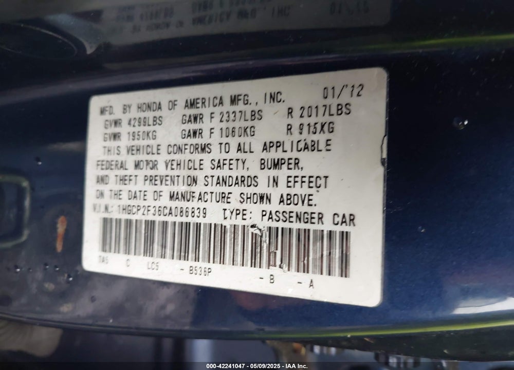 2012 HONDA ACCORD VIN: 1HGCP2F36CA086839