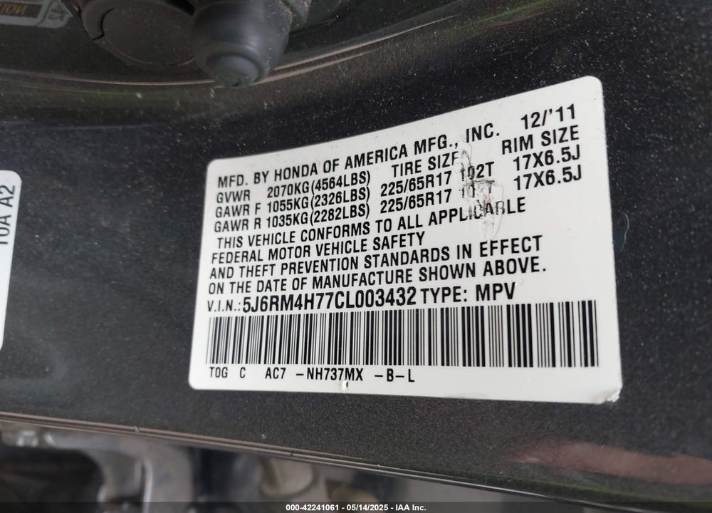 2012 HONDA CR-V VIN: 5J6RM4H77CL003432
