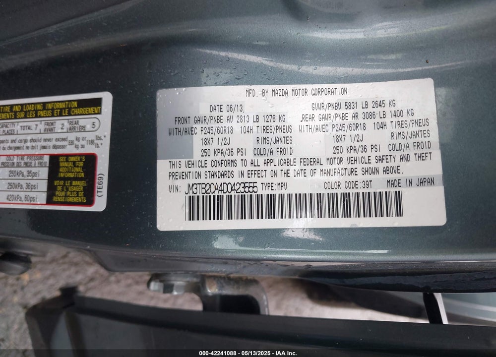 2013 MAZDA CX-9 VIN: JM3TB2CA4D0423555
