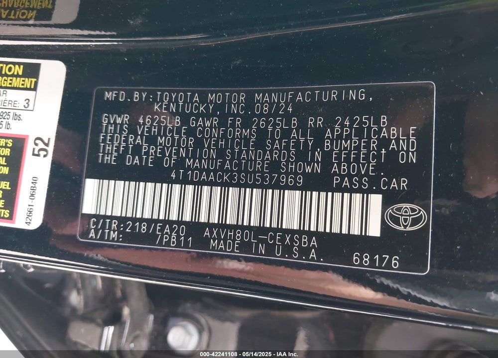 2025 TOYOTA CAMRY VIN: 4T1DAACK3SU537969