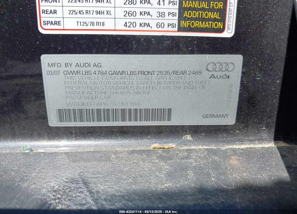 2007 AUDI A3 3.2 VIN: WAUKD78P67A184966